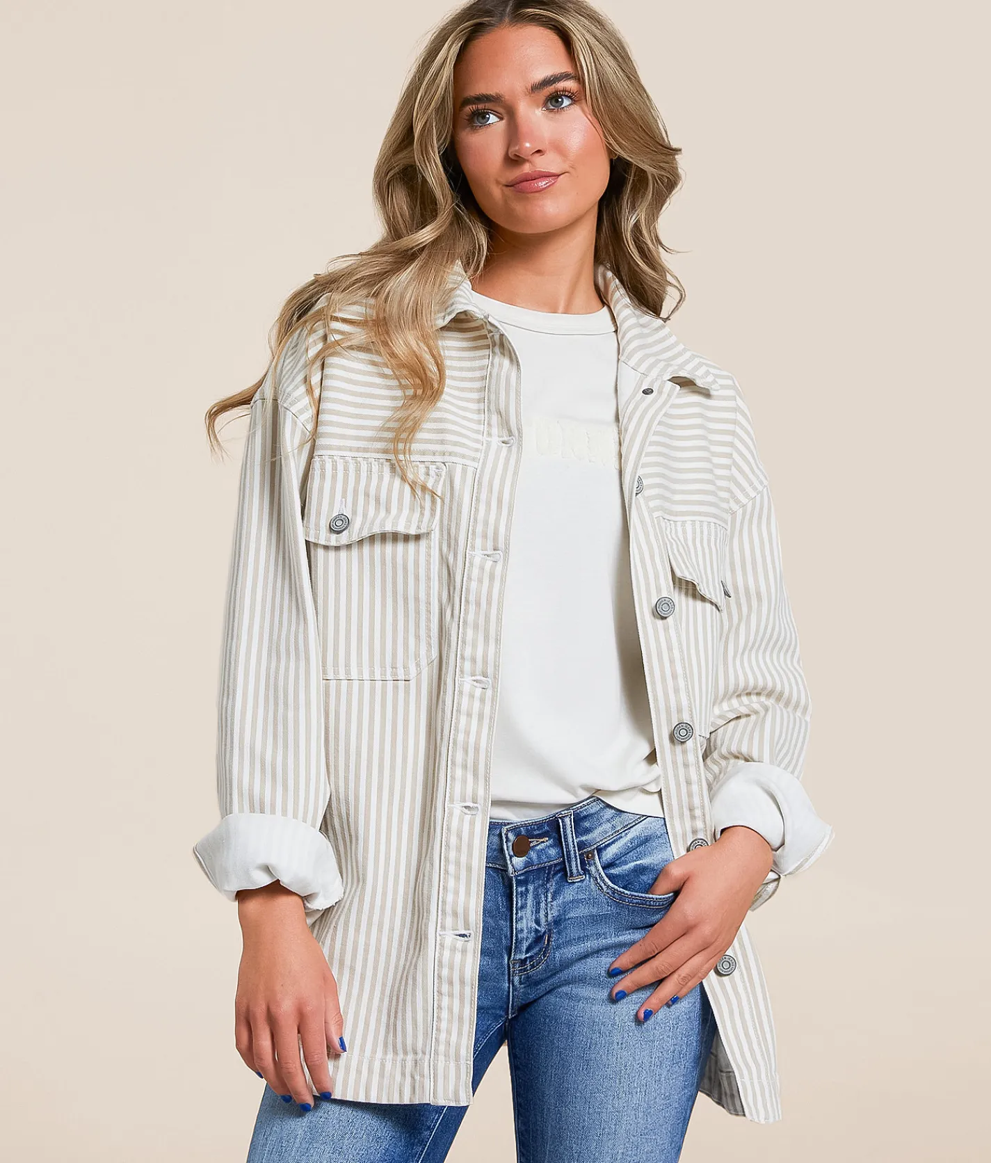 Tops|Coats & Jackets | HIDDEN Striped Denim Stretch Shacket Tan Stripe