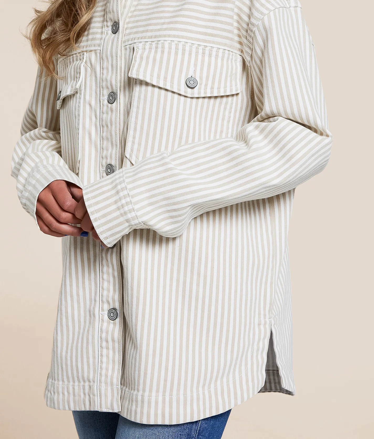 Tops|Coats & Jackets | HIDDEN Striped Denim Stretch Shacket Tan Stripe