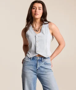 Tops|Coats & Jackets | Willow & Root Striped Denim Vest Blue White Stripe