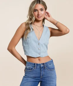Tops|Coats & Jackets | Hyfve Striped Denim Vest Light Blue