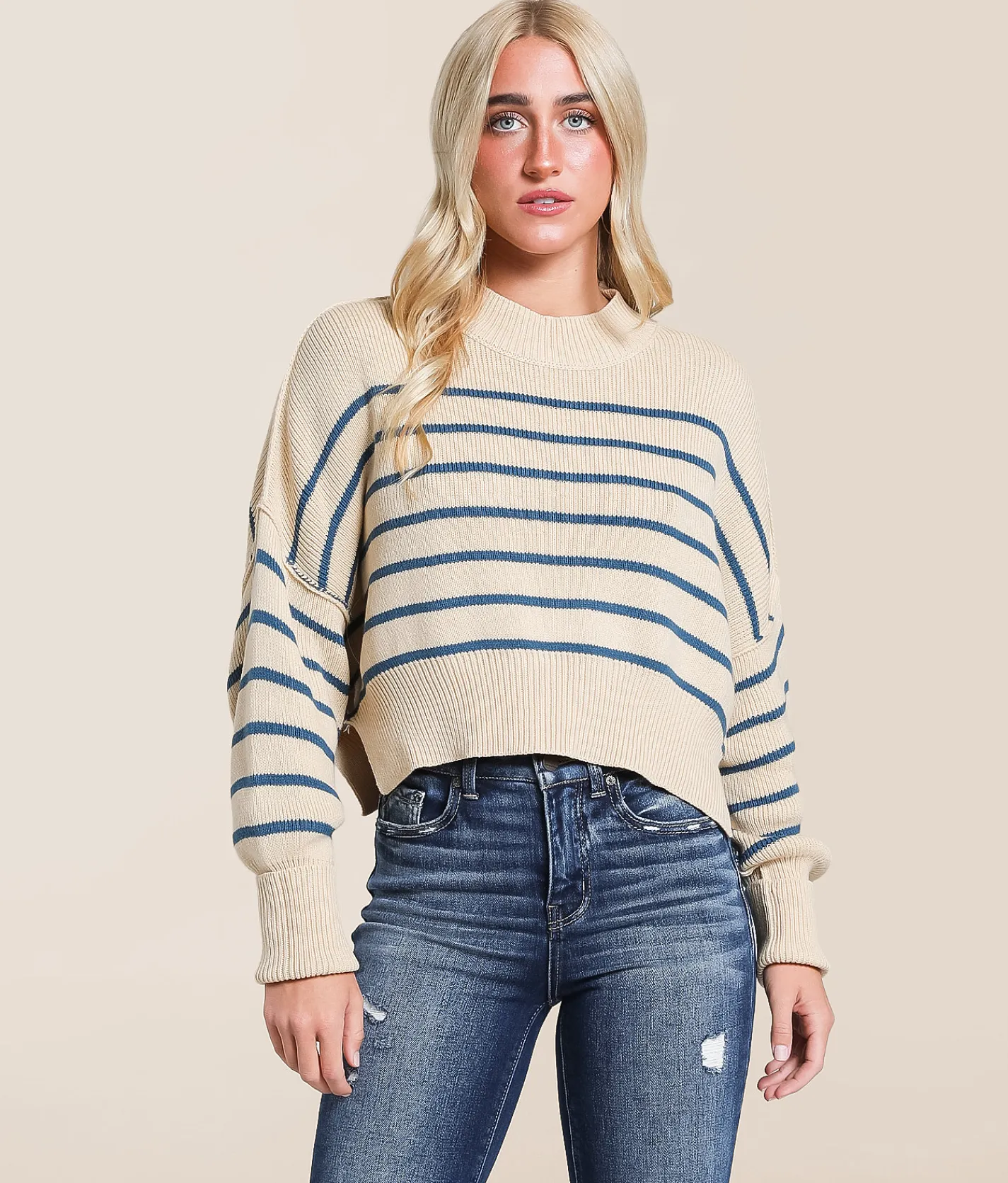 Hyfve Striped Dolman Cropped Sweater Blue
