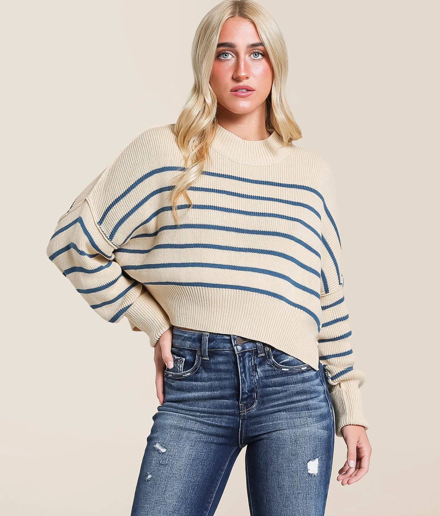Hyfve Striped Dolman Cropped Sweater Blue