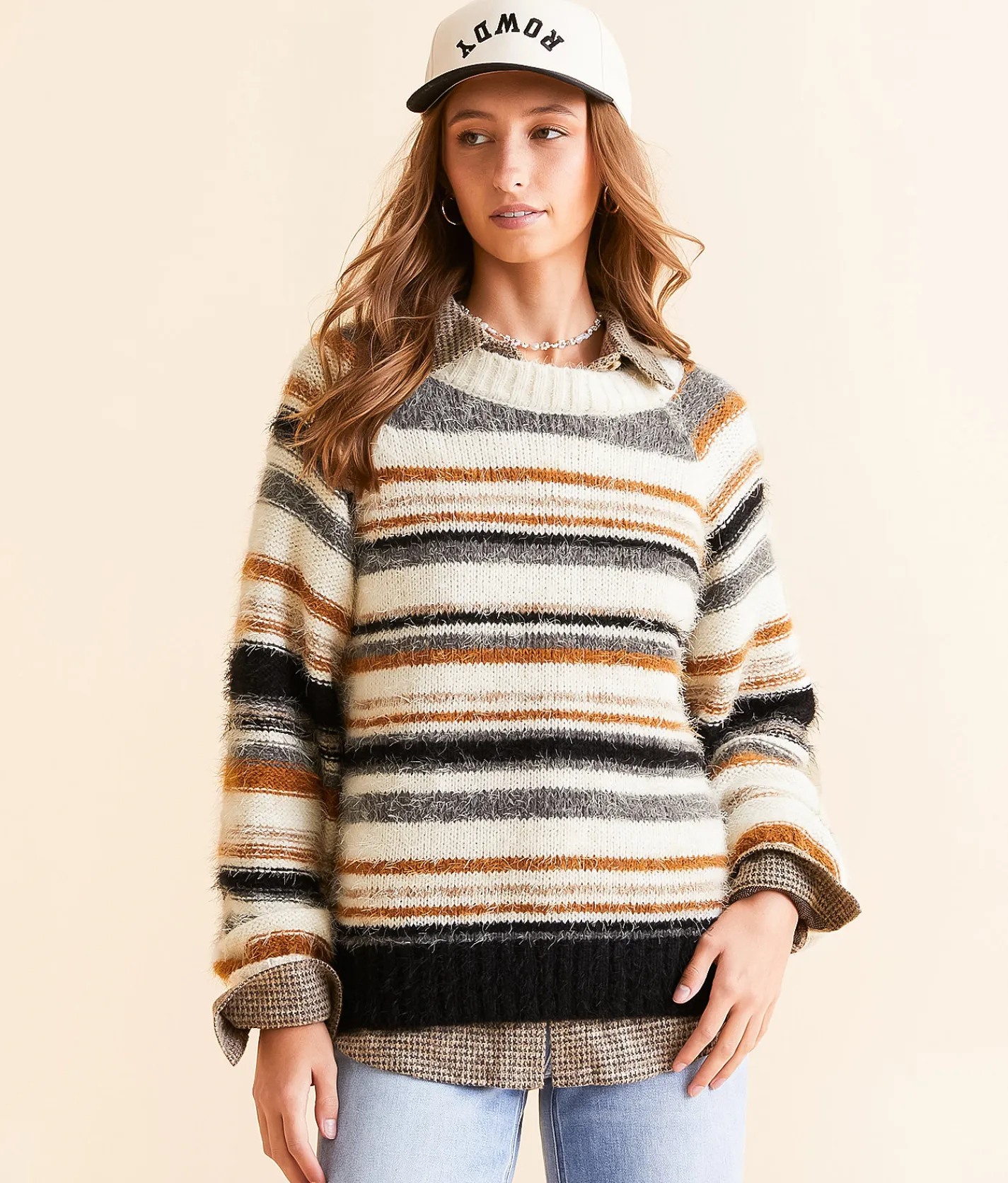 BKE Striped Eyelash Sweater Cream Outlet
