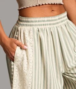 BKE Striped Eyelet Cropped Wide Leg Pant Green Hot