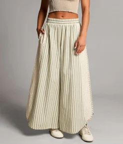 BKE Striped Eyelet Cropped Wide Leg Pant Green Hot