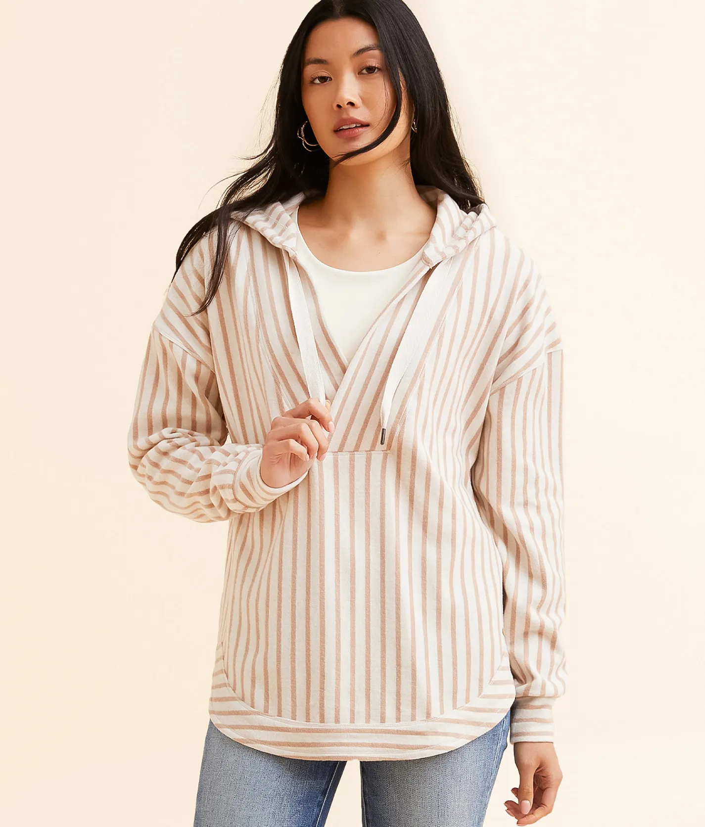 Tops | BKE Striped Fleece Hooded Sweatshirt Birch Natural Stripe