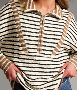 BKE Striped Half Zip Pullover Mocha Oat Black Sale