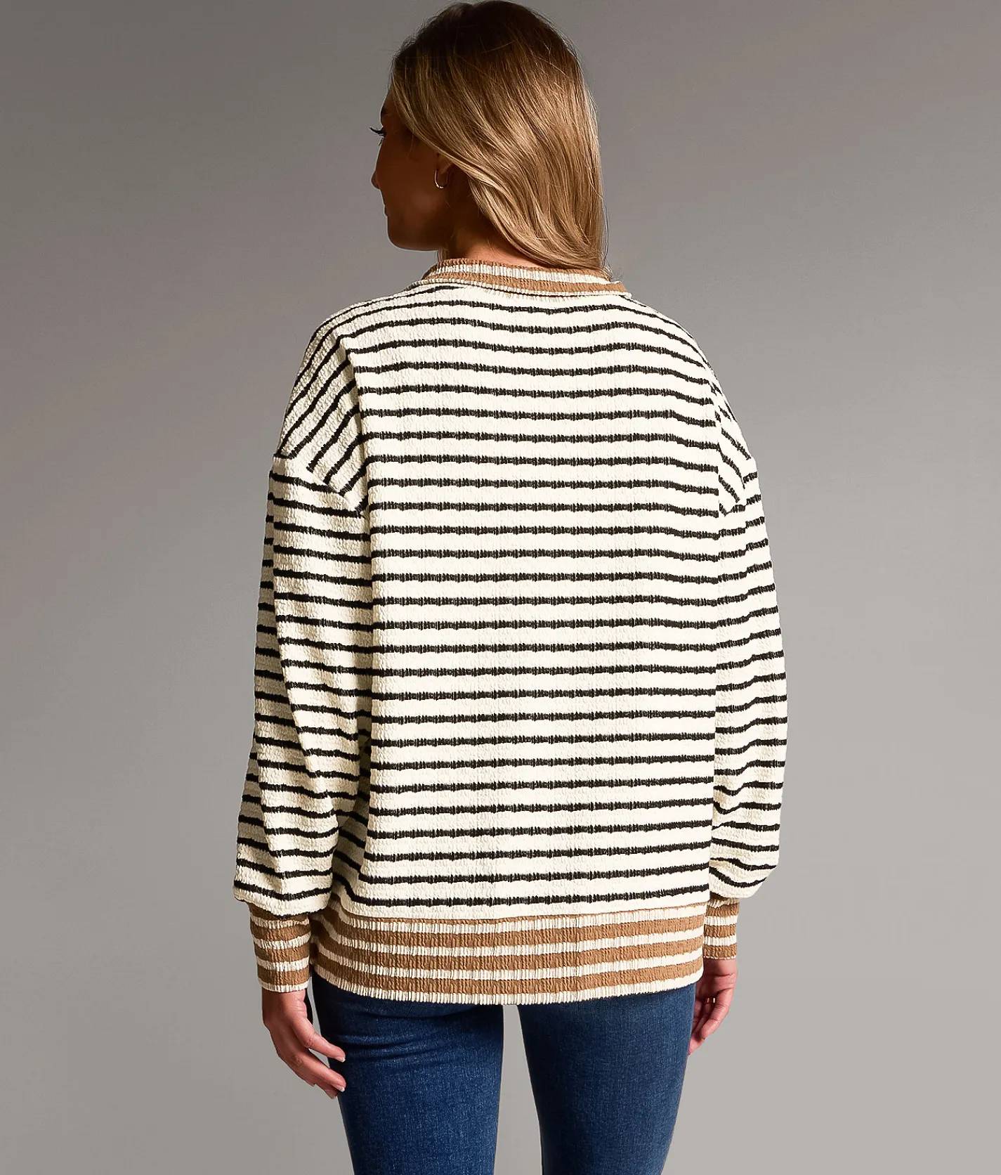 BKE Striped Half Zip Pullover Mocha Oat Black Sale
