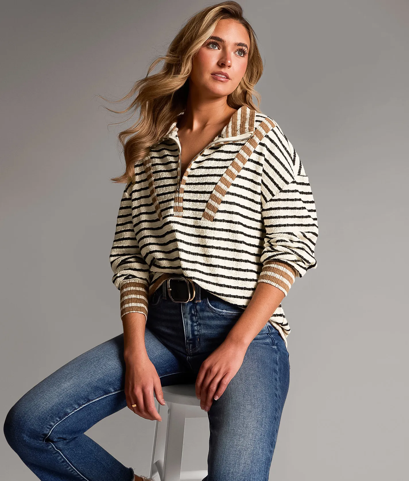 BKE Striped Half Zip Pullover Mocha Oat Black Sale