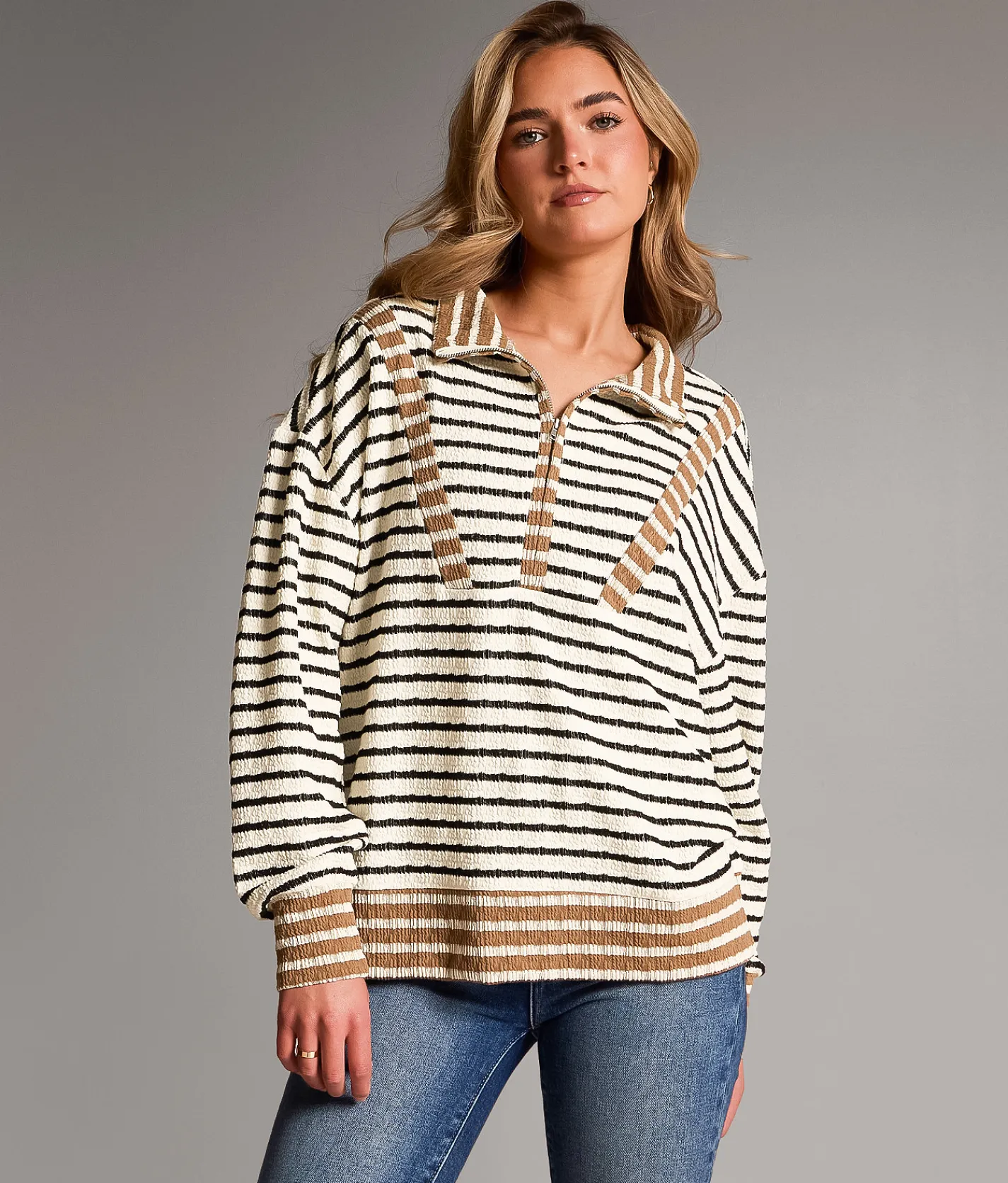 BKE Striped Half Zip Pullover Mocha Oat Black Sale