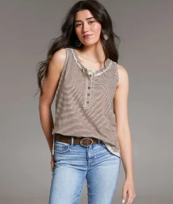 Tops | BKE Striped Henley Tank Top Brown Stripe