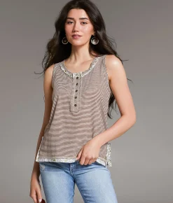 Tops | BKE Striped Henley Tank Top Brown Stripe