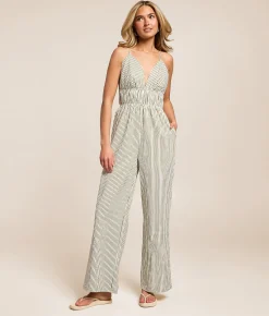 Willow & Root Striped Jumpsuit Cream Green Best