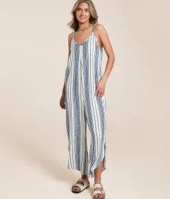 En Creme Striped Jumpsuit Cream Blue Online