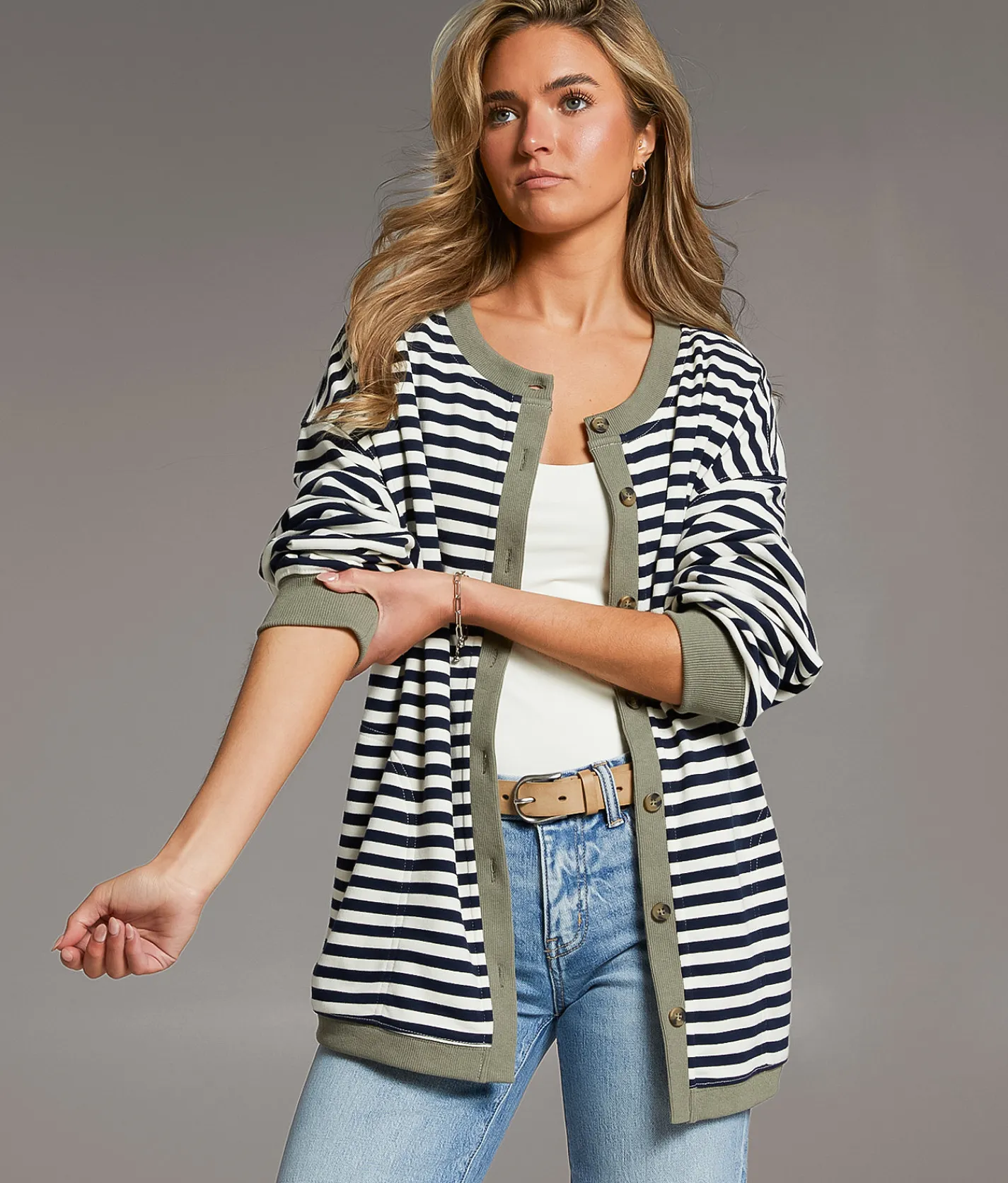 Tops | BKE Striped Knit Oversized Cardigan Navy And Cream Stripe