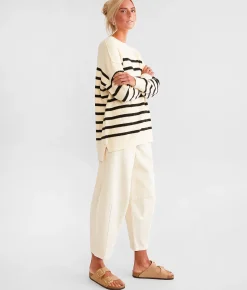 BKE Striped Knit Oversized Sweater Cream Black Outlet