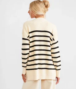 BKE Striped Knit Oversized Sweater Cream Black Outlet