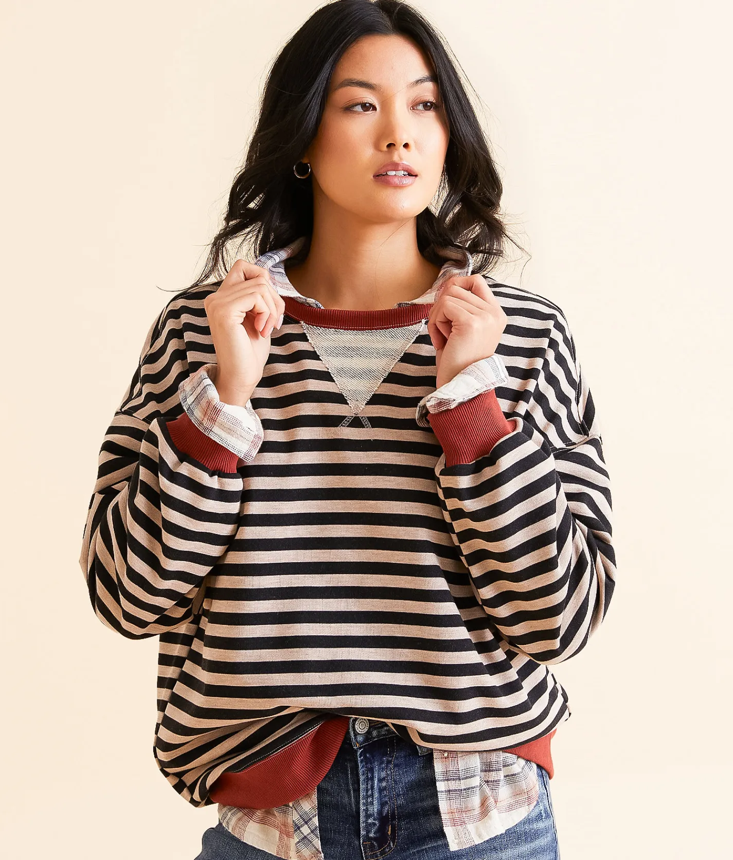 BKE Striped Knit Pullover Natural Birch Stripe Discount