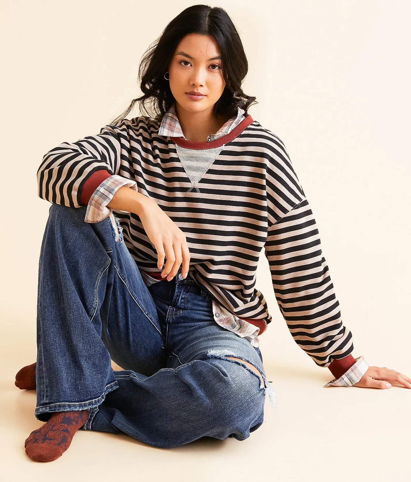 BKE Striped Knit Pullover Natural Birch Stripe Discount