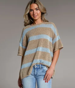 BKE Striped Knit Sweater Taupe Blue
