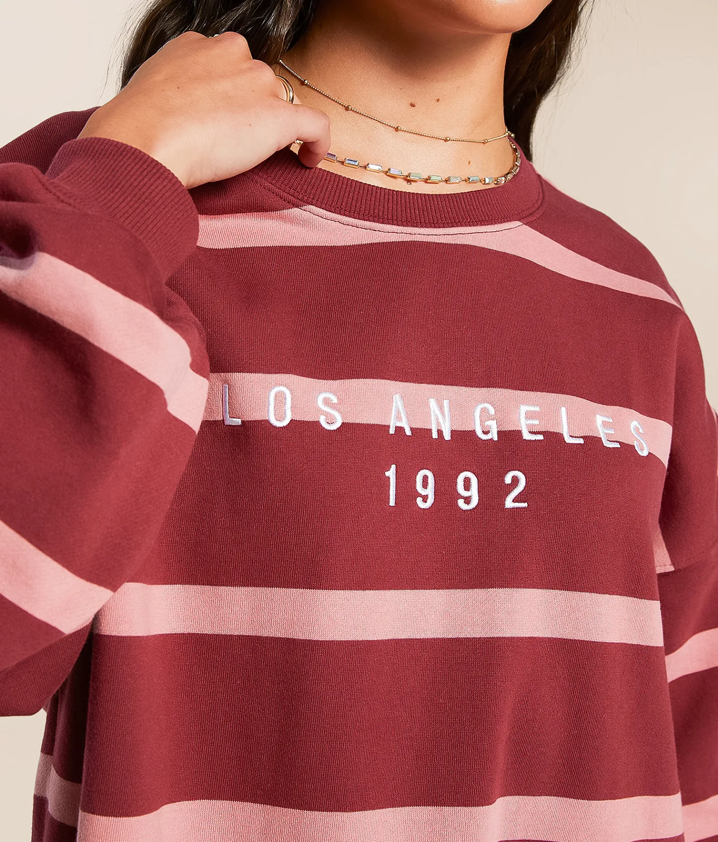 FITZ + EDDI Striped Los Angeles Oversized Pullover Cordovan Rose Stripe New