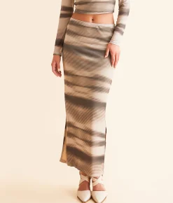 Willow & Root Striped Mesh Midi Skirt Taupe Combo Outlet