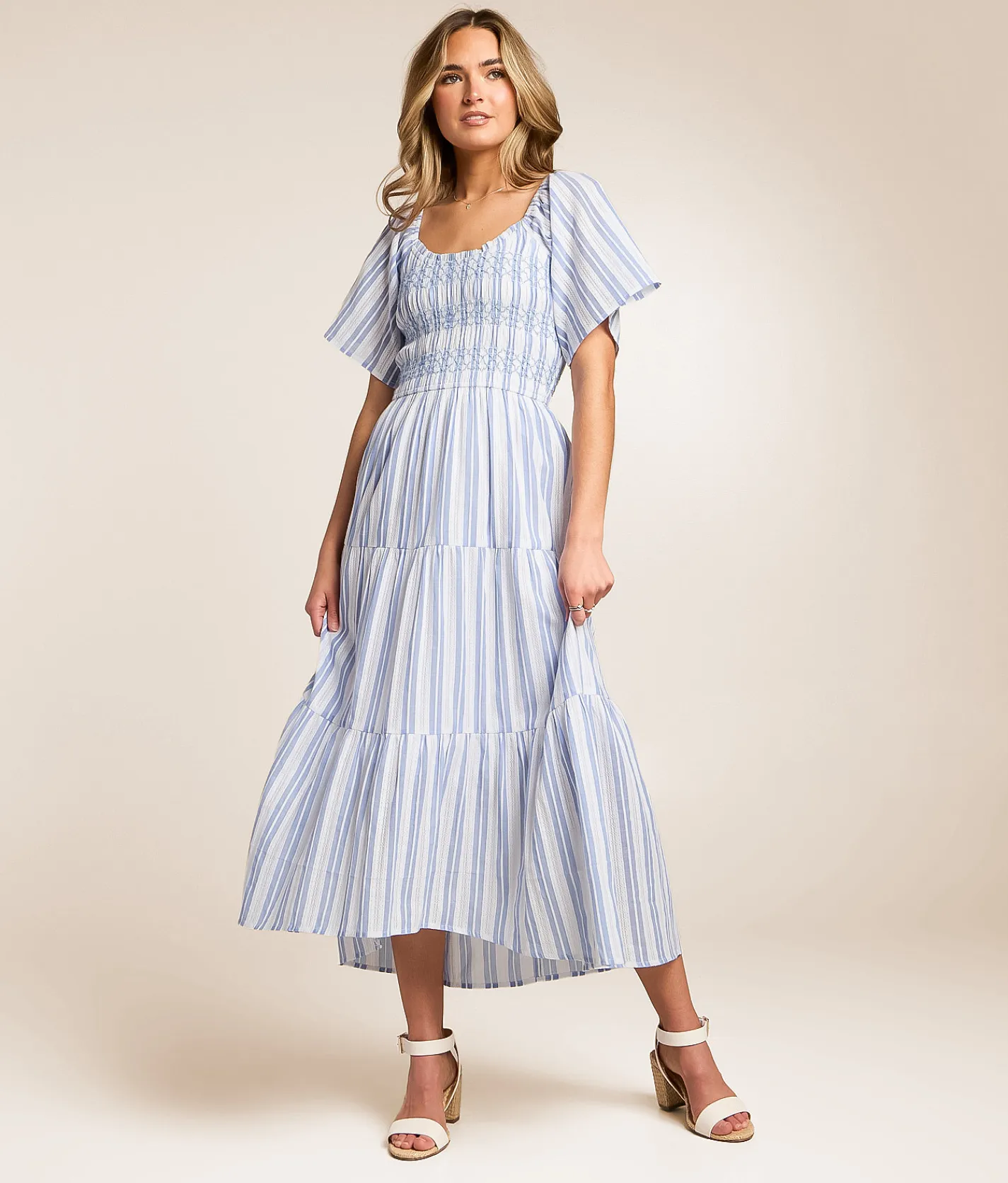 Willow & Root Striped Midi Dress Blue Ivory Clearance