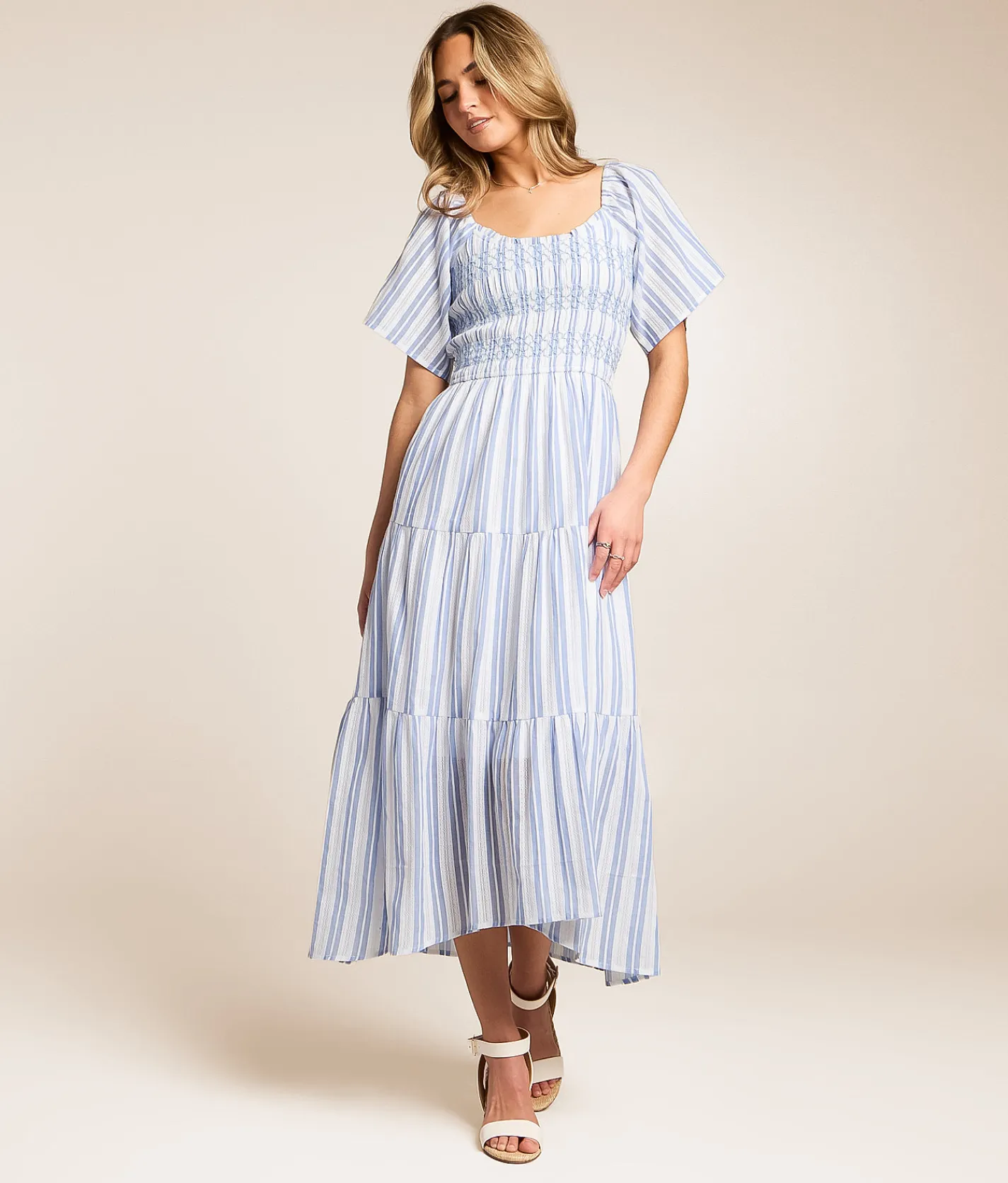 Willow & Root Striped Midi Dress Blue Ivory Clearance