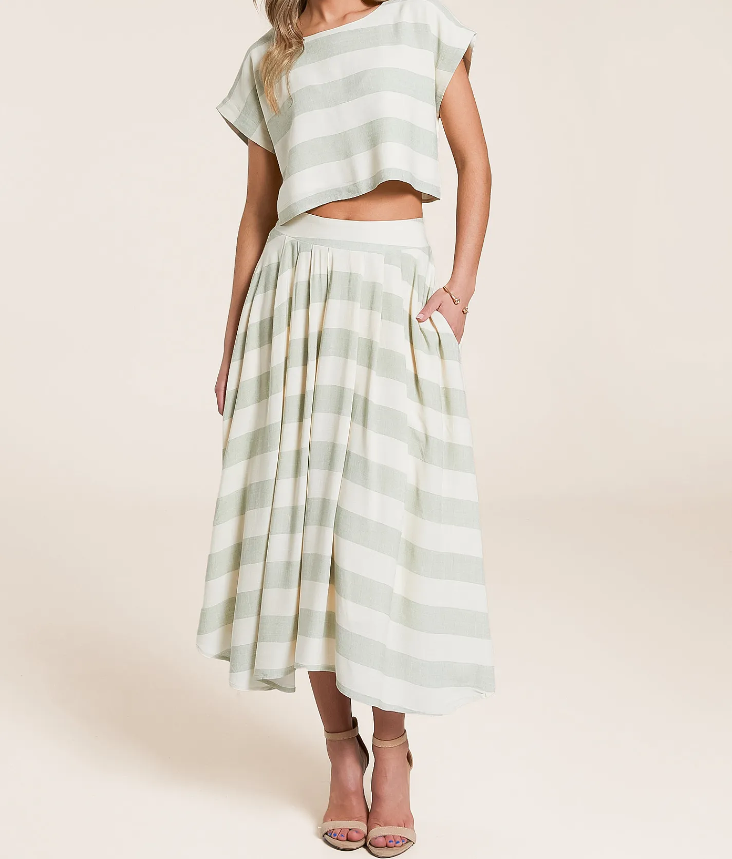 Bottoms | Blu Pepper Striped Midi Skirt Cream Green