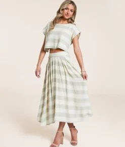 Bottoms | Blu Pepper Striped Midi Skirt Cream Green