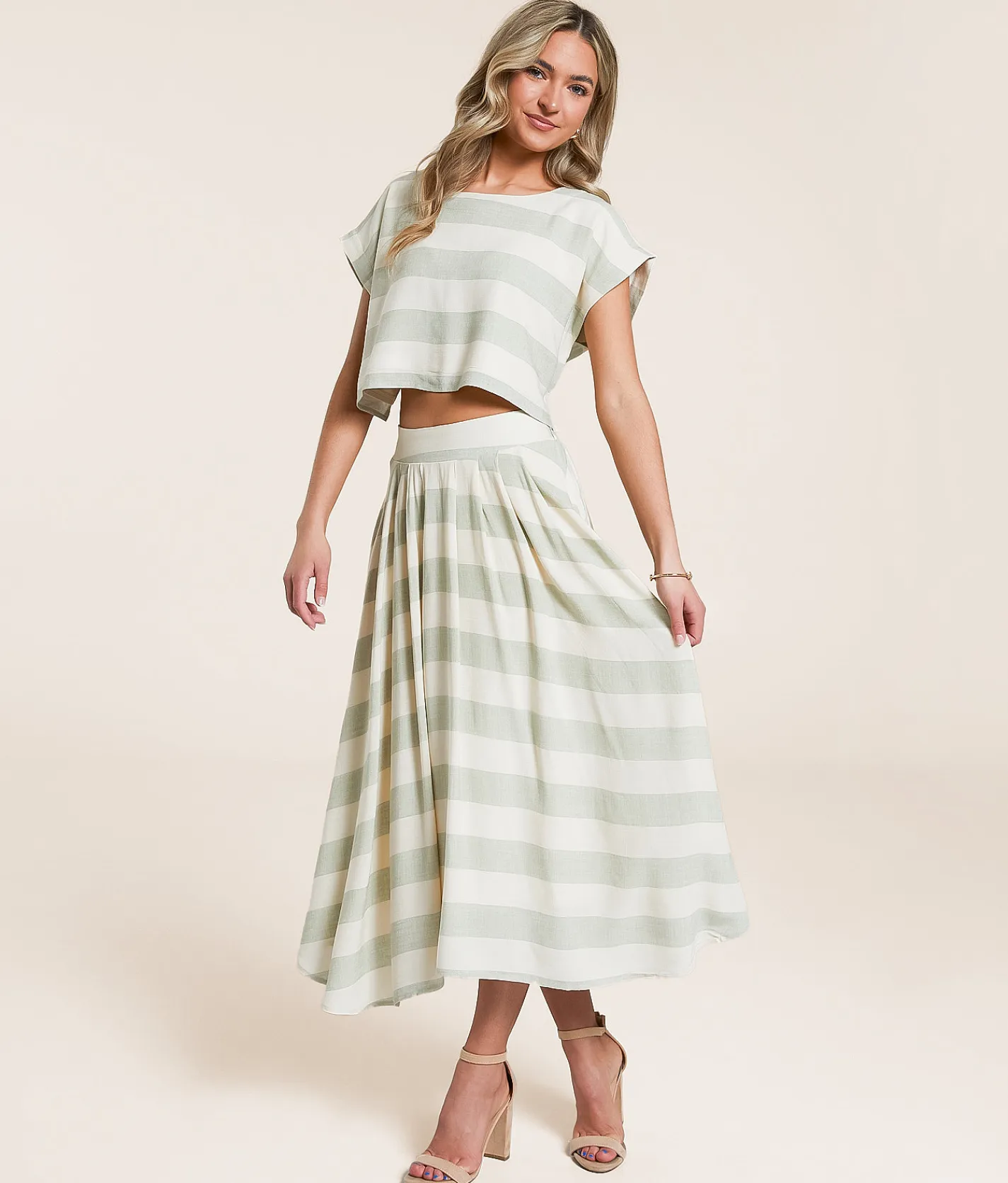 Bottoms | Blu Pepper Striped Midi Skirt Cream Green