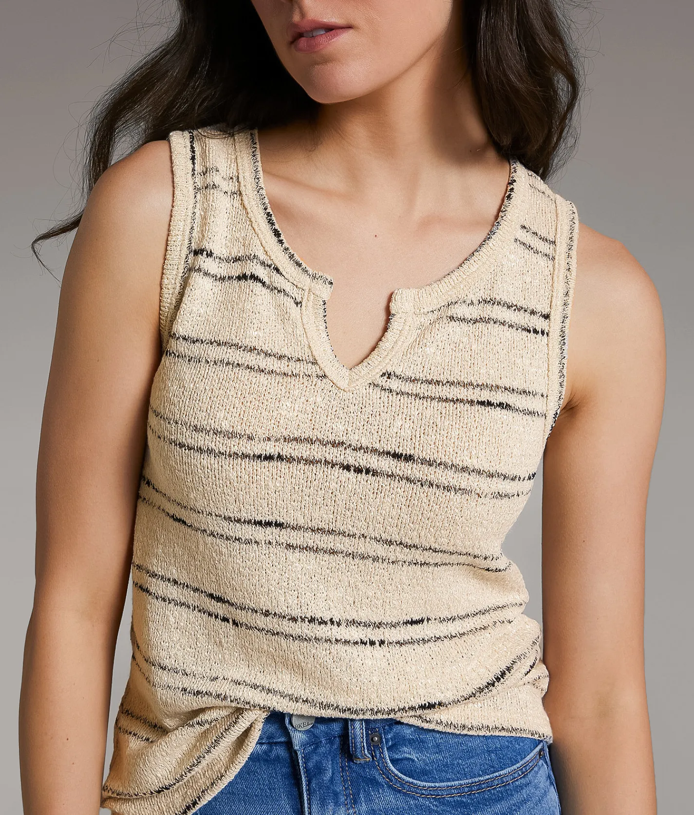 Tops | BKE Striped Notch Neck Tank Top Beige
