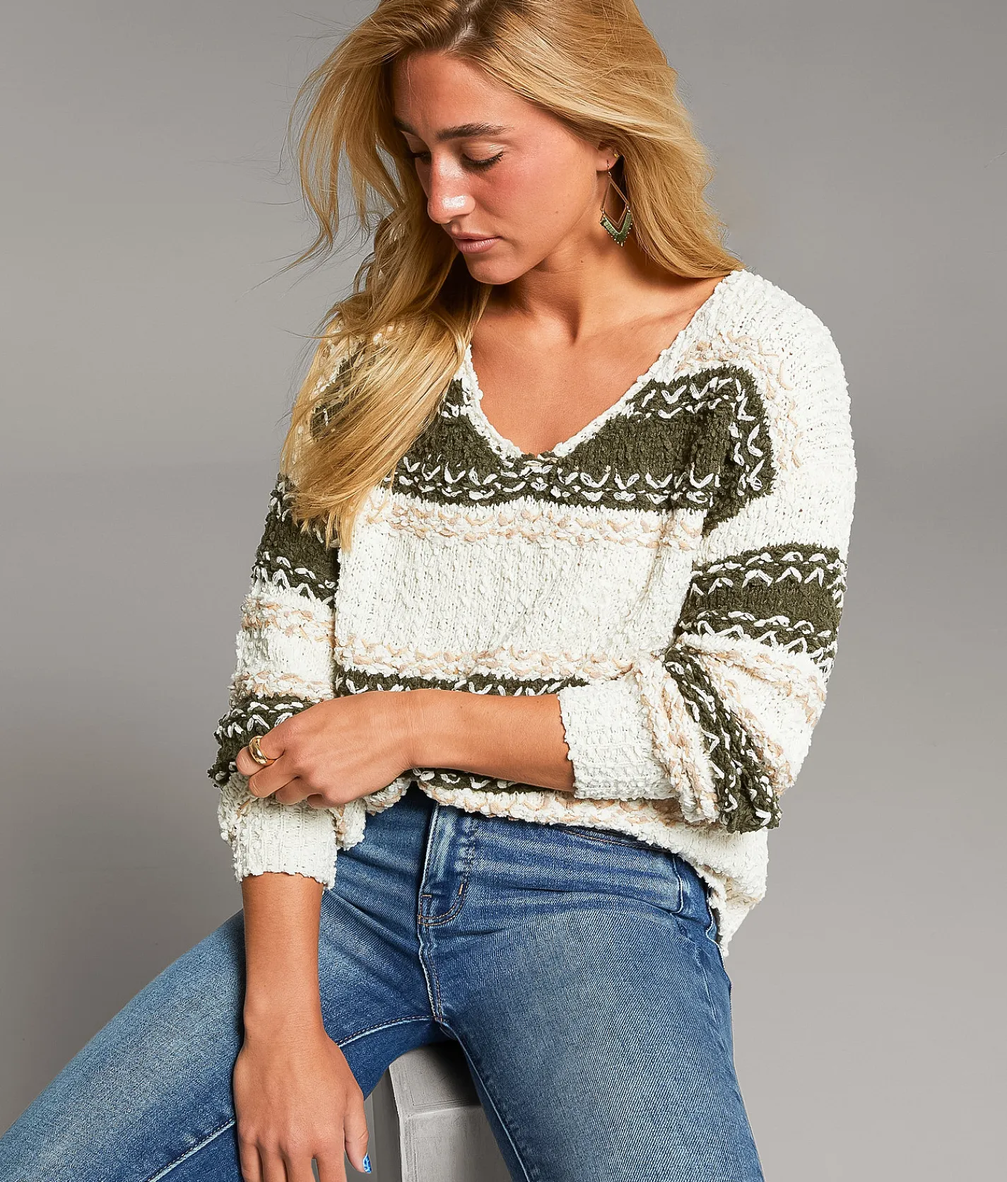 BKE Striped Nubby Sweater Cream Green