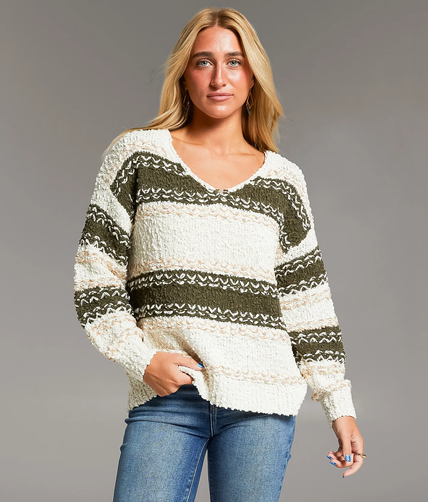 BKE Striped Nubby Sweater Cream Green