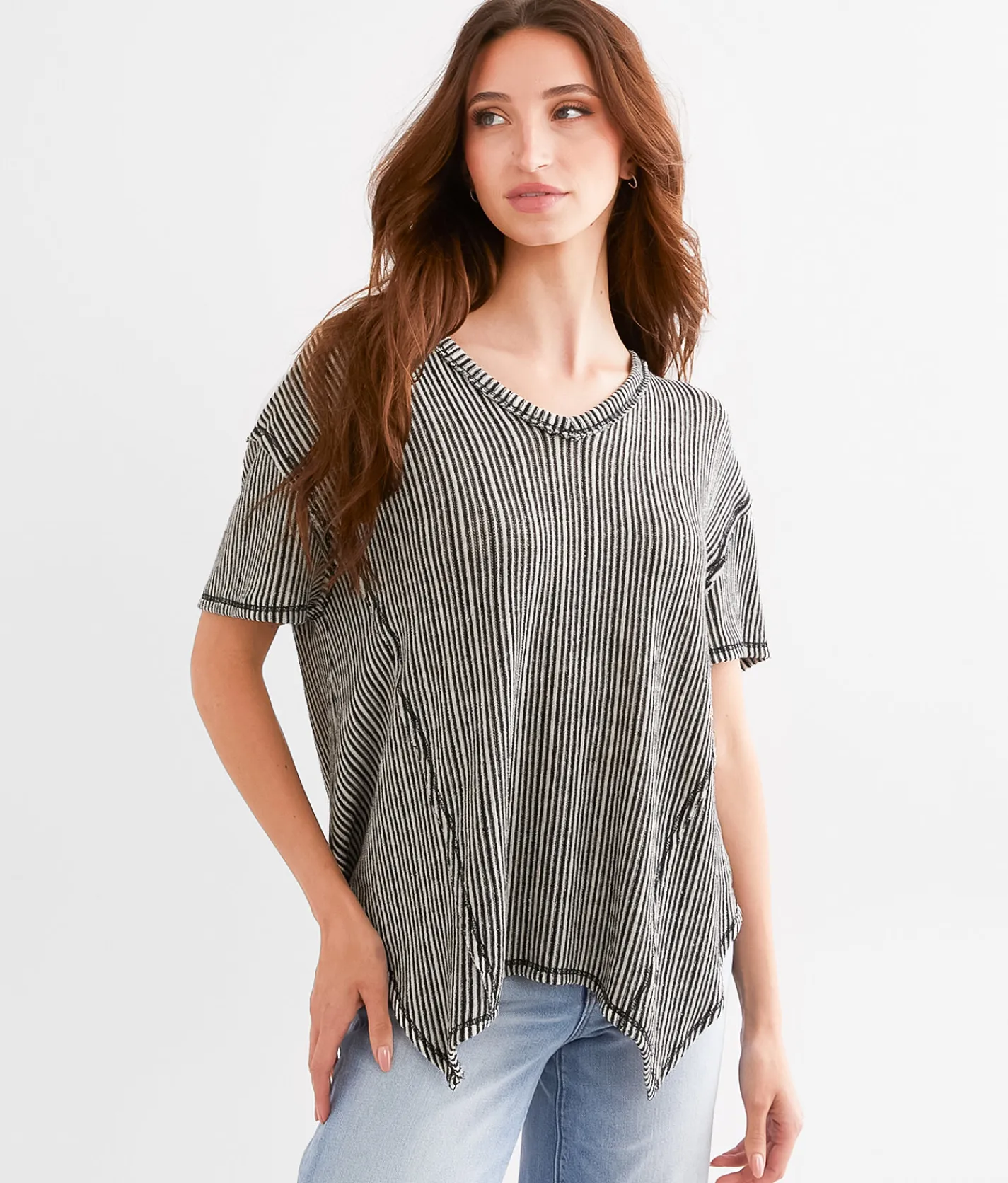 BKE Striped Open Weave Top Black Cream Discount
