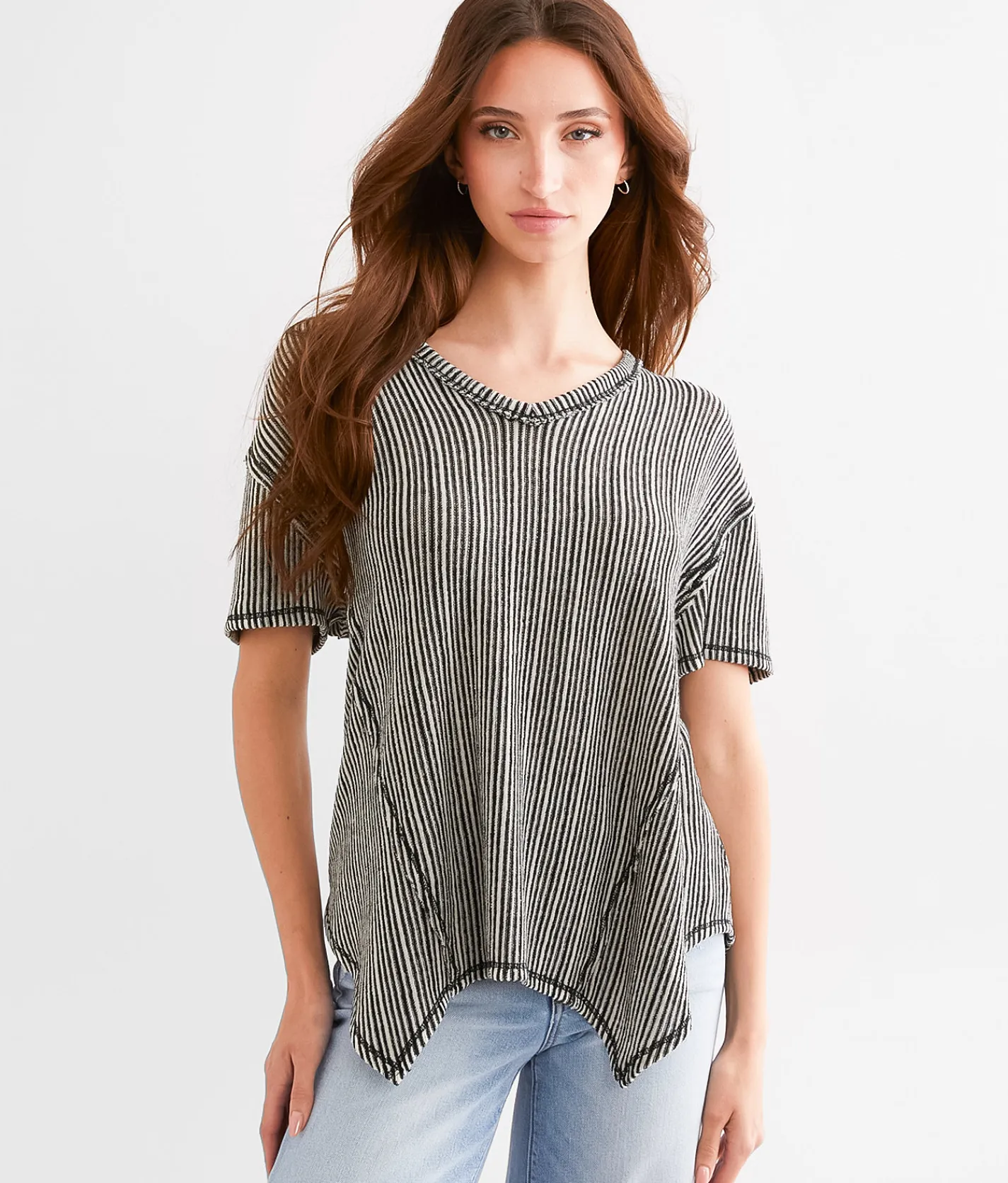 BKE Striped Open Weave Top Black Cream Discount