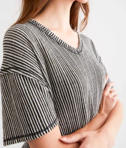 BKE Striped Open Weave Top Black Cream Discount