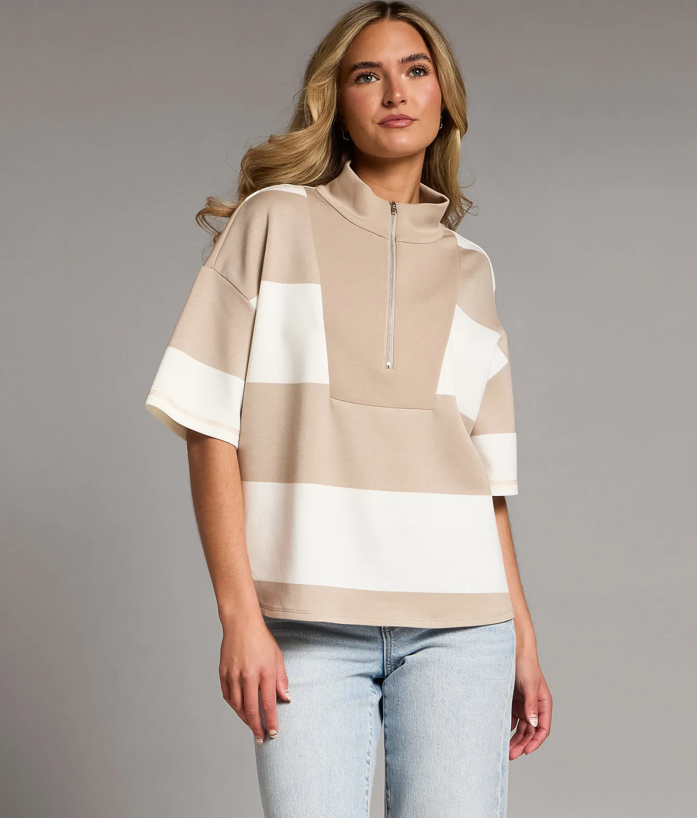 Tops | BKE Striped Quarter Zip Pullover Cobblestone White