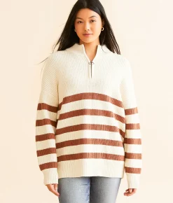 BKE Striped Quarter Zip Sweater Cream Apple Butter Sale
