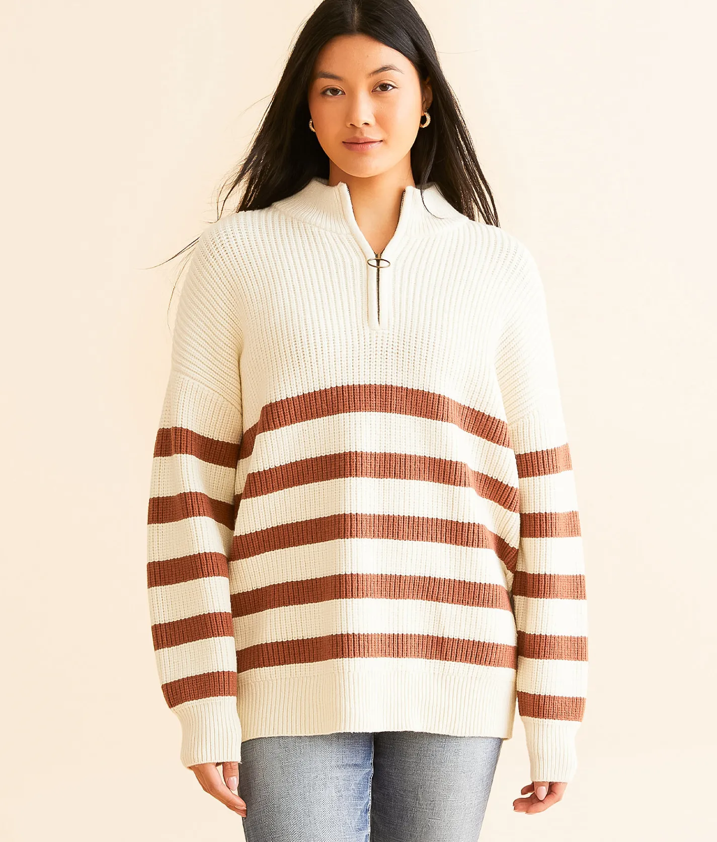 BKE Striped Quarter Zip Sweater Cream Apple Butter Sale