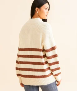BKE Striped Quarter Zip Sweater Cream Apple Butter Sale
