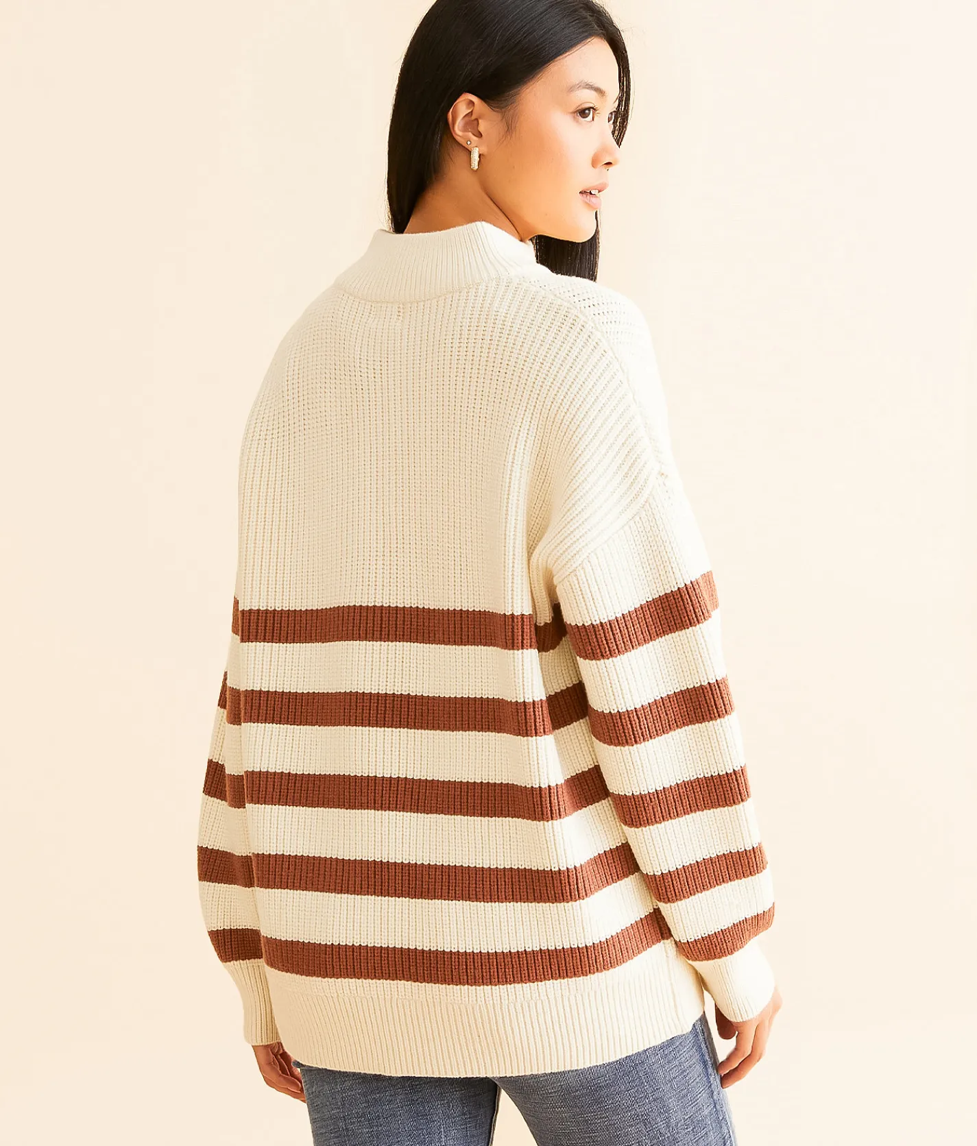 BKE Striped Quarter Zip Sweater Cream Apple Butter Sale