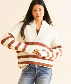 BKE Striped Quarter Zip Sweater Cream Apple Butter Sale