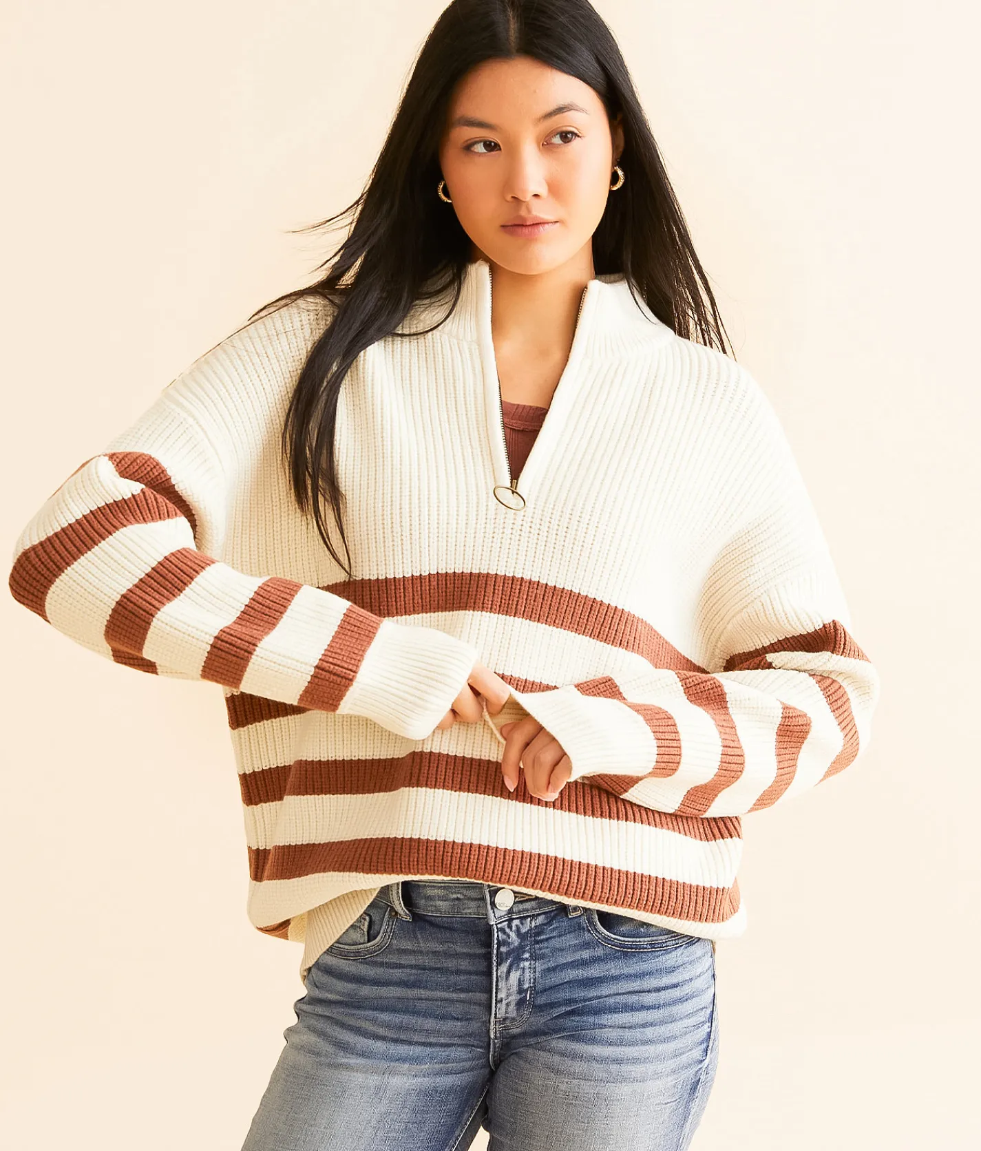 BKE Striped Quarter Zip Sweater Cream Apple Butter Sale