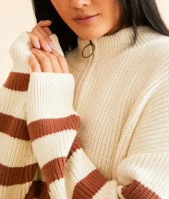 BKE Striped Quarter Zip Sweater Cream Apple Butter Sale
