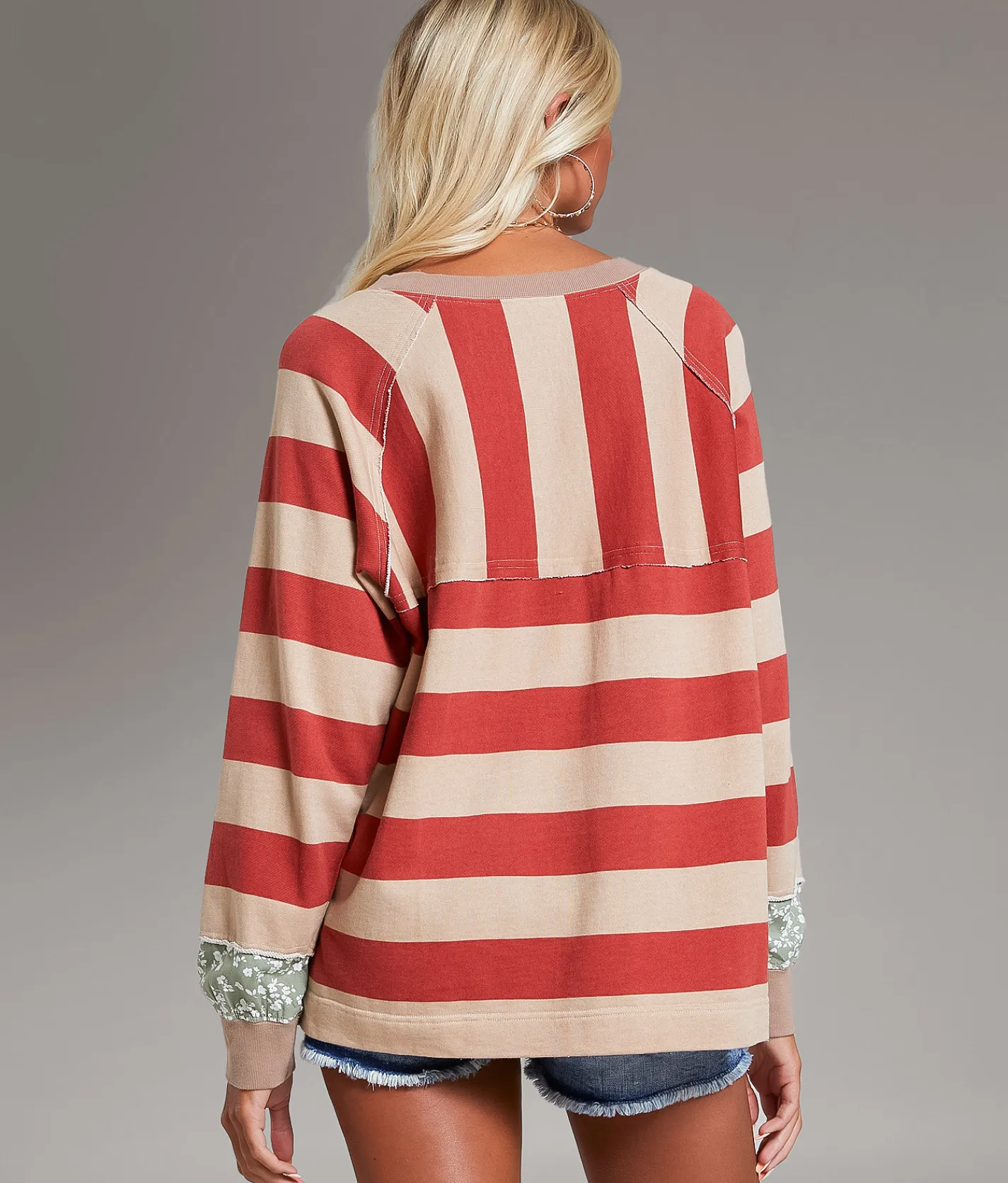 Tops | BKE Striped Raw Edge Oversized Pullover Red Tan Stripe