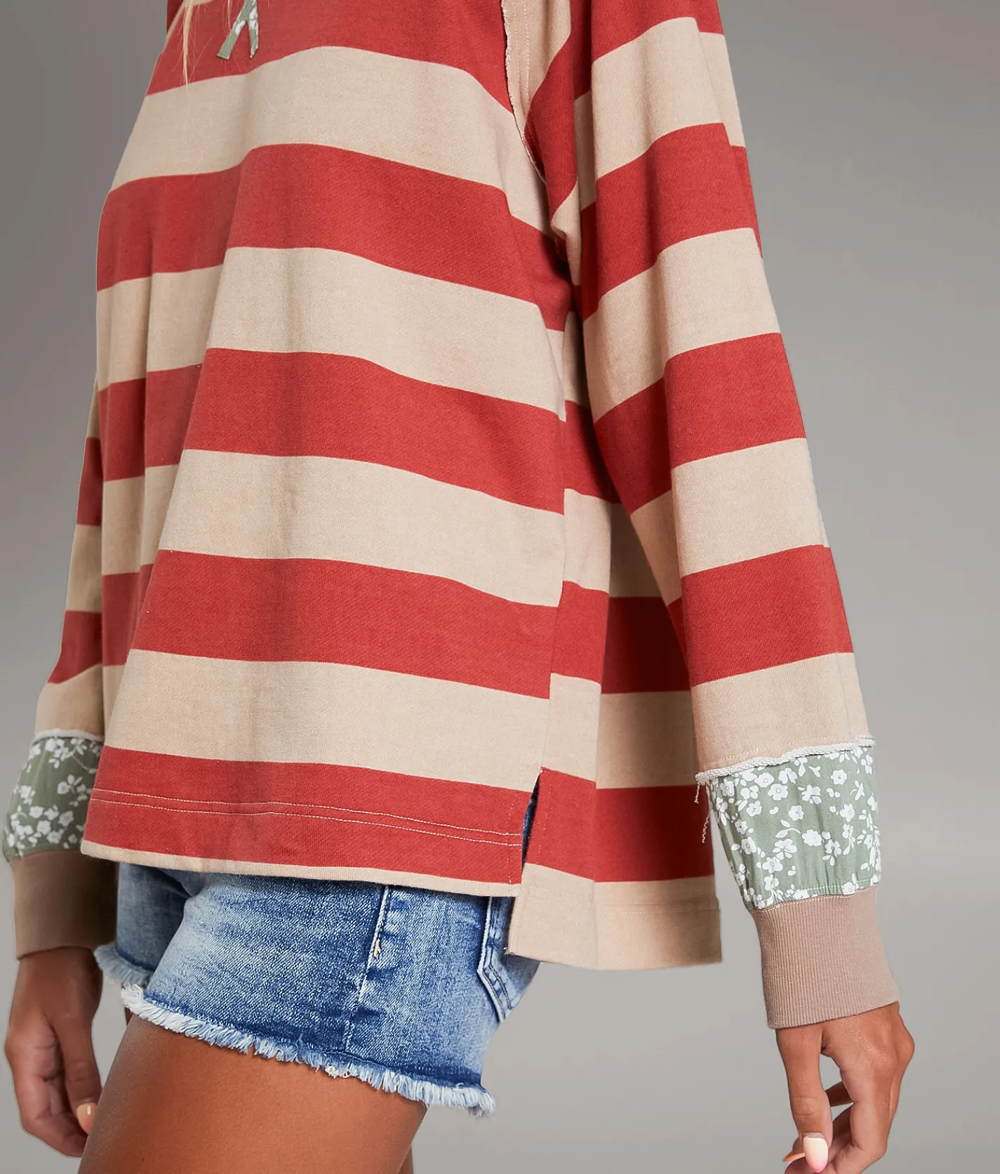 Tops | BKE Striped Raw Edge Oversized Pullover Red Tan Stripe