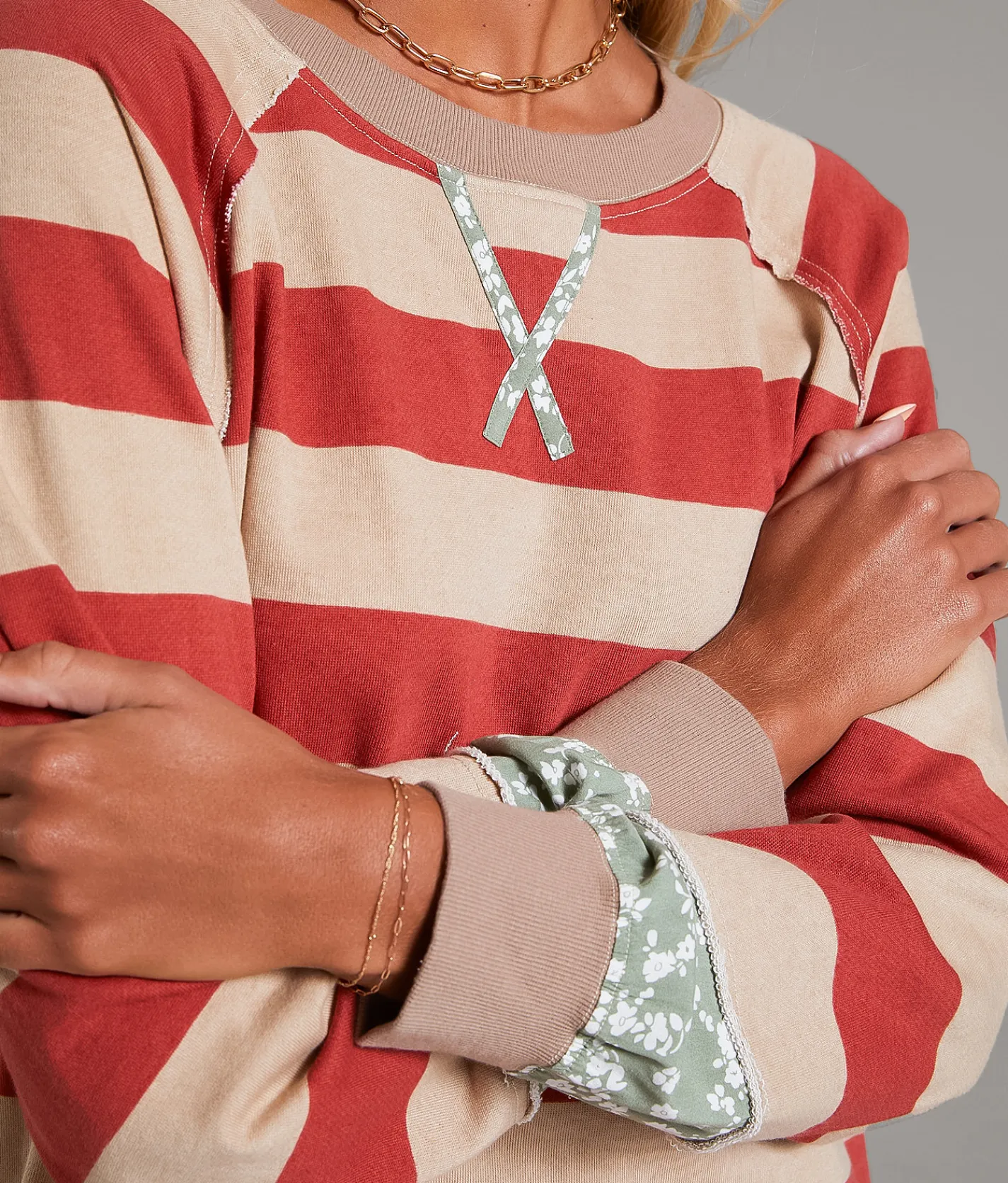 Tops | BKE Striped Raw Edge Oversized Pullover Red Tan Stripe
