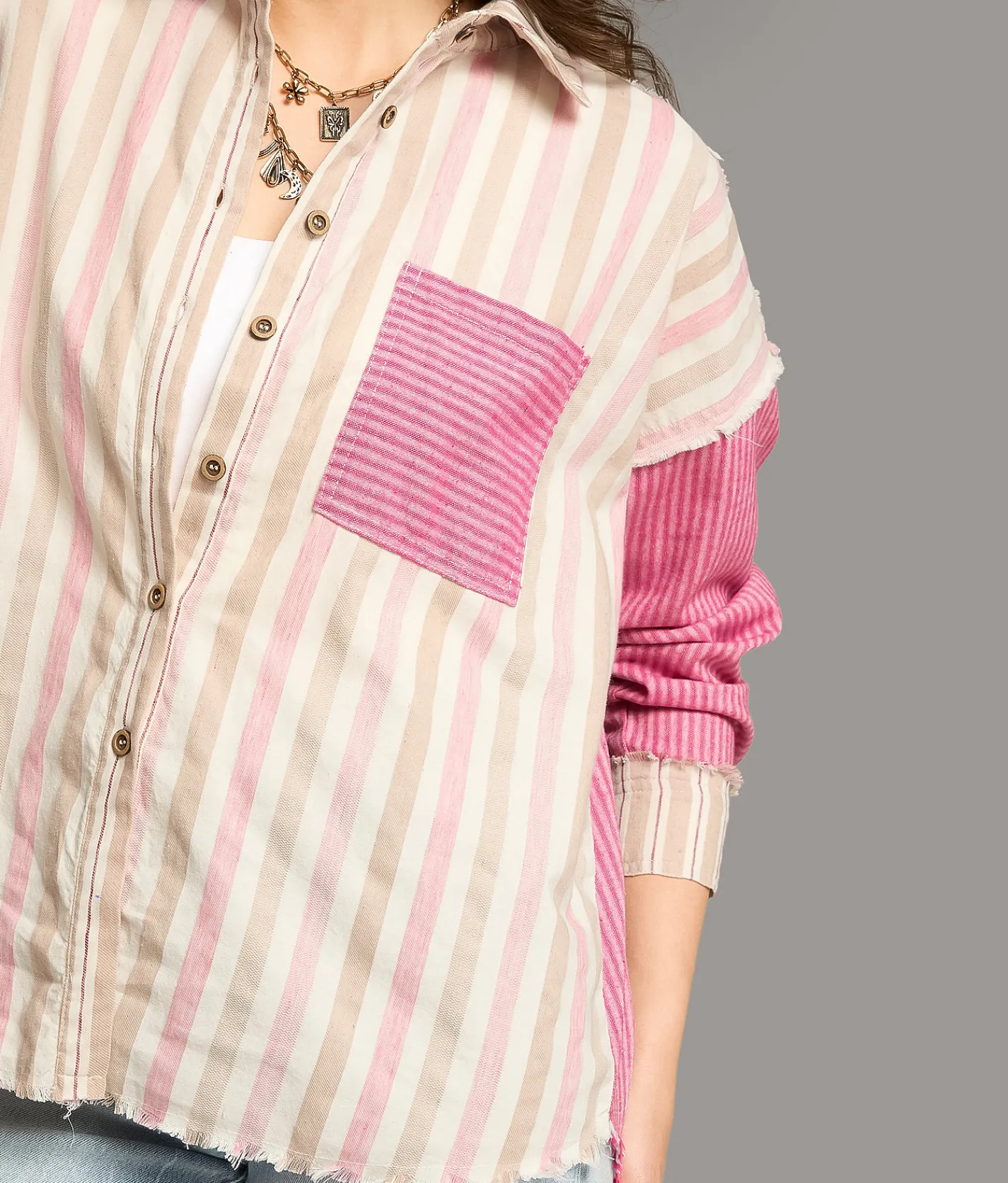 Tops | BKE Striped Raw Edge Shirt Tan Pink