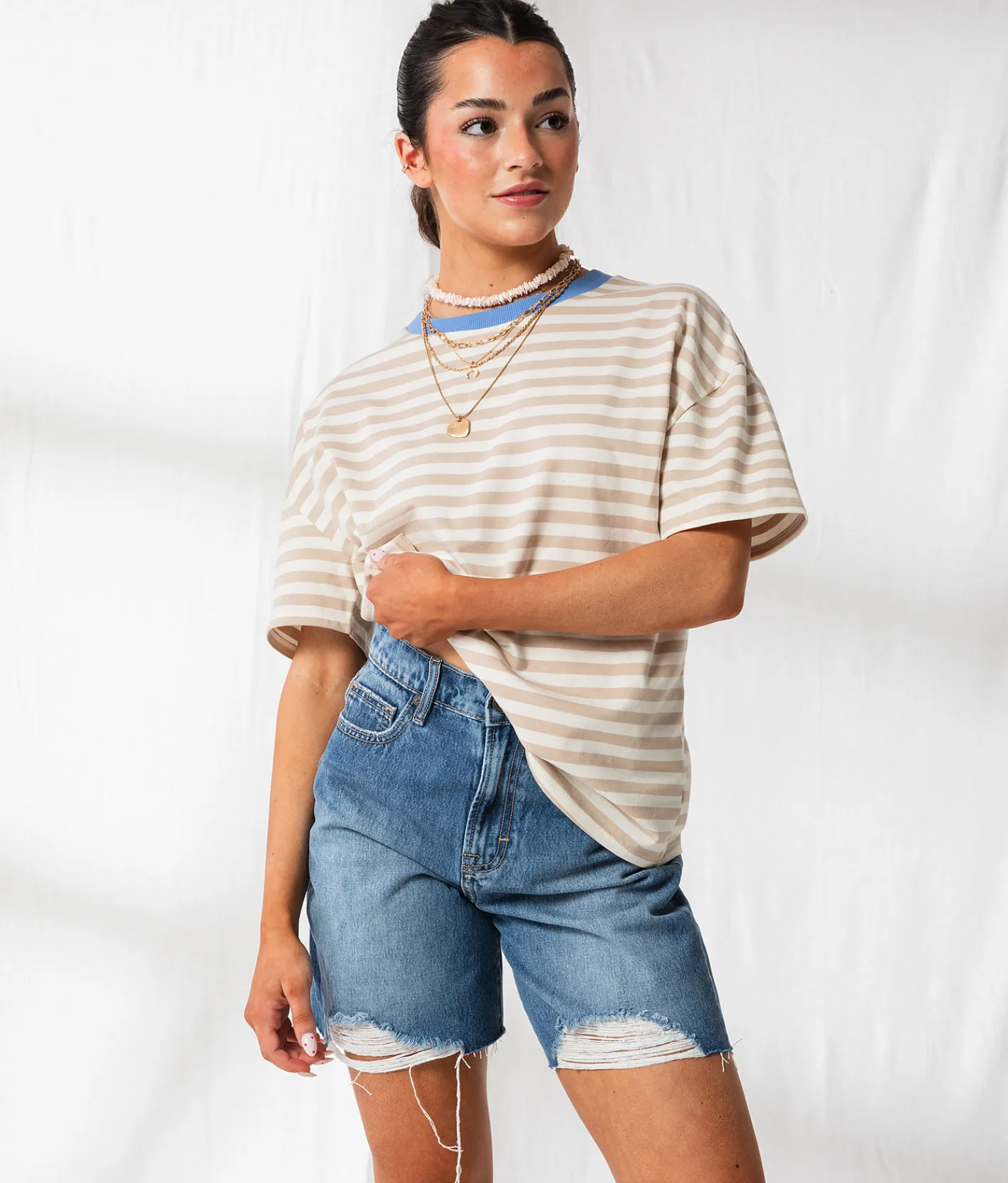 Tops | 33 Coastal Striped Ringer Oversized T-Shirt Cream Taupe
